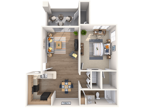 A 3D floor plan of a house showing a living room, kitchen, dining room, and bedrooms.